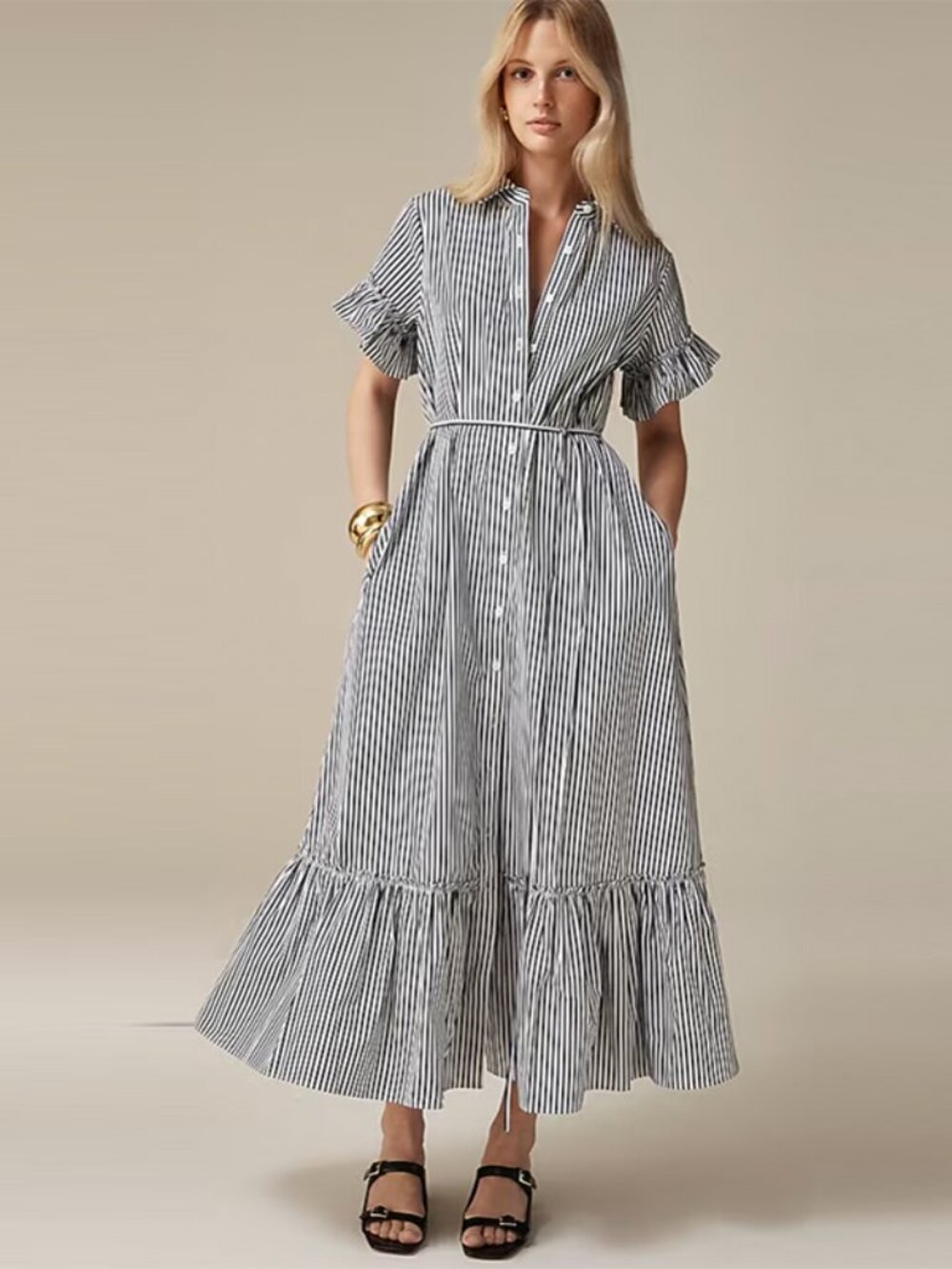 J.Crew Amelia Maxi Shirt Dress Navy White Stripe Cotton Poplin M NWT